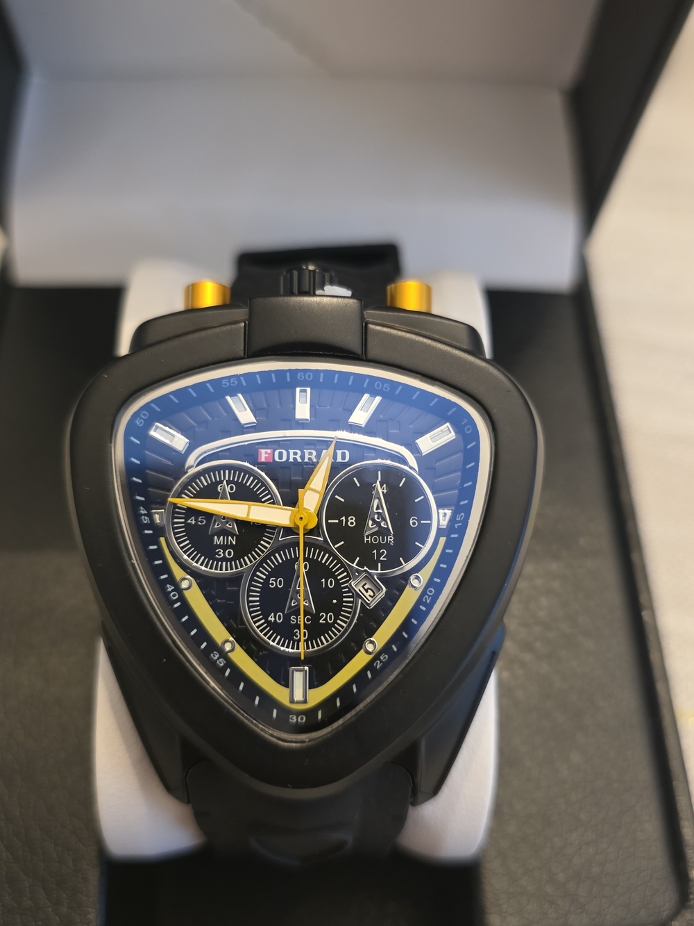 197. FORRAD Black & Blue Triangular Chronograph Watch with Yellow Accents